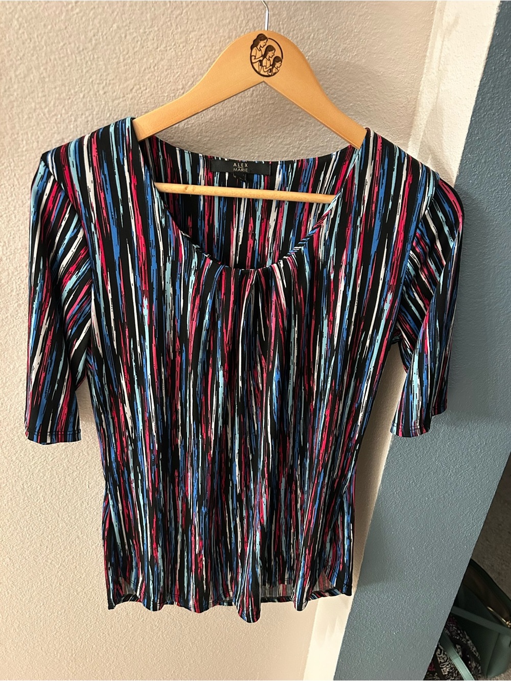 Alex Evenings Black Multi-Stripe Women's Scoop Neck Top size medium